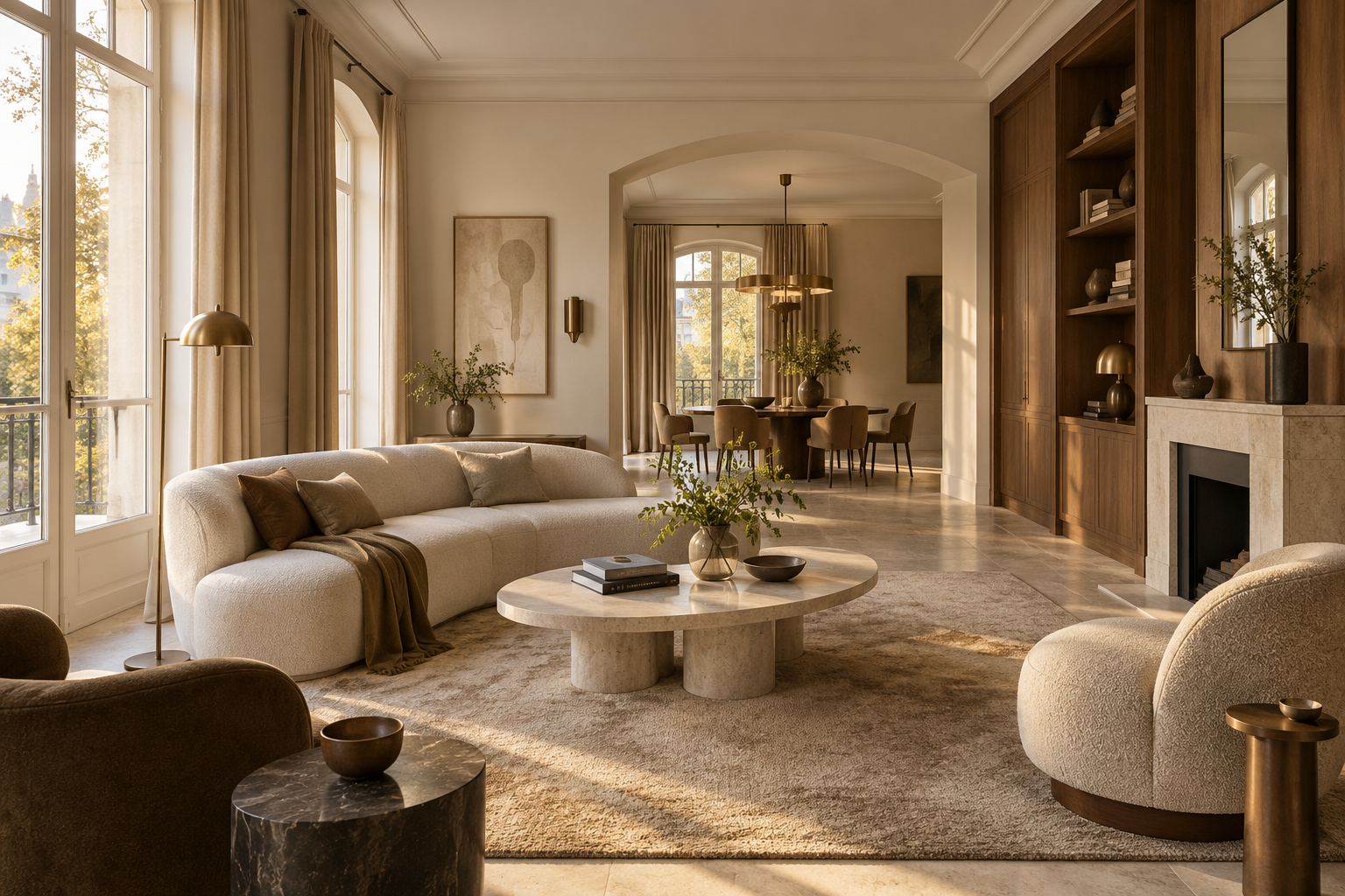Intérieur haut de gamme aux matières naturelles et aux agencements en bois